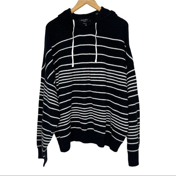 ALLSAINTS Reverb Hooded Stripes Contemporary Wool Blend Sweater Black Ecru - Picture 3 of 12